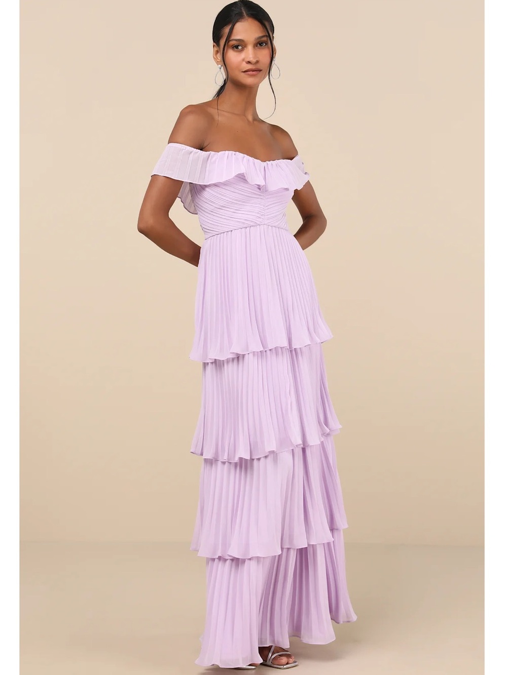Lulus Always Remarkable Lavender Off Shoulder Pleated Tiered Maxi Dress Large
